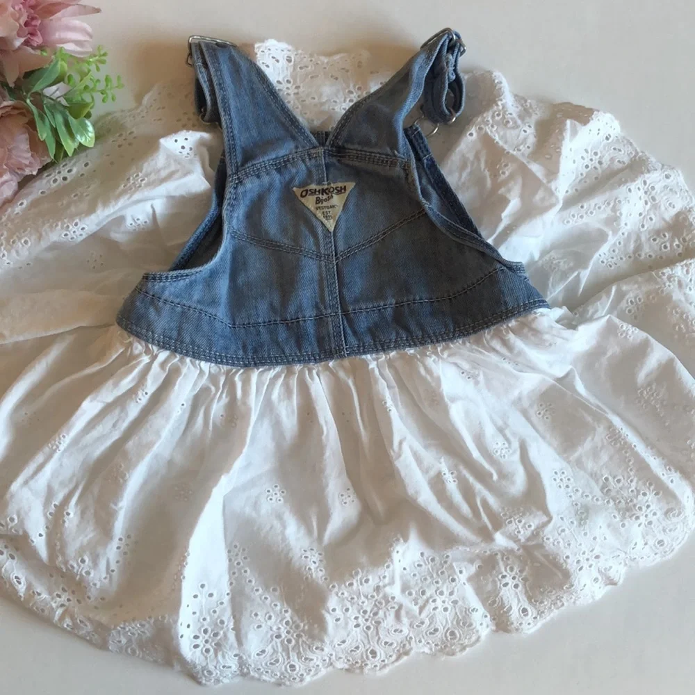 Osh Kosh Girl Bib Overalls Denim Dress Jumper White Eyelet Lace skirt 24M